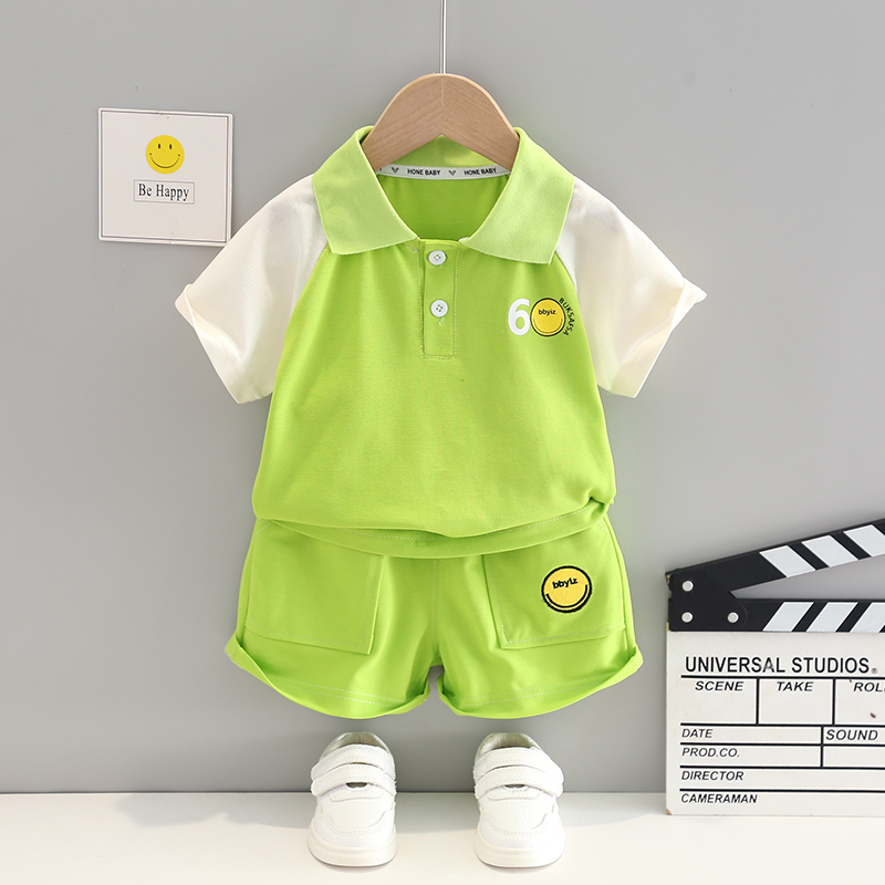 Set Áo Thun polo Tay Ngắn & Quần Short Cotton Màu Trơn Hình Mặt Cười Cỡ 80-120cm Thời Trang Mùa Hè Cho Bé