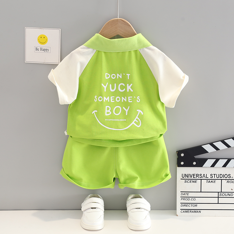 Set Áo Thun polo Tay Ngắn & Quần Short Cotton Màu Trơn Hình Mặt Cười Cỡ 80-120cm Thời Trang Mùa Hè Cho Bé