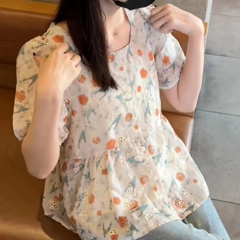 Áo Sơ Mi Chiffon Tay Ngắn Phồng Dáng Rộng In Hoa Phong Cách Hàn Quốc Cho Nữ Baju Baju Wanita Lengan Panjang Hàng Mới Có Sẵn
