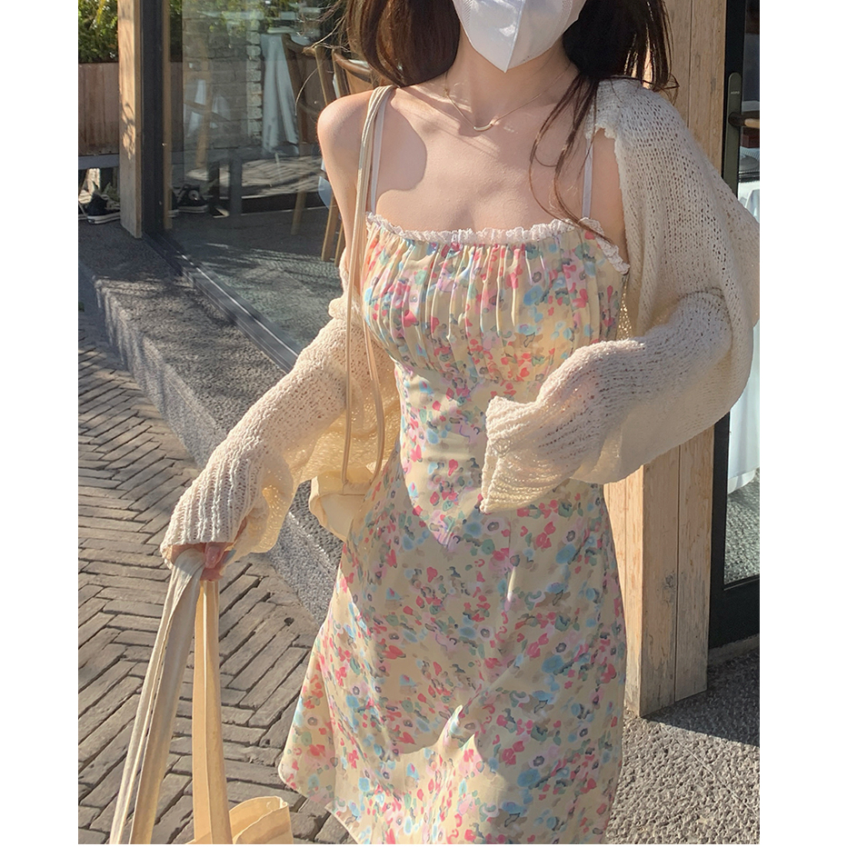 SUXI Đầm Midi Hai Dây Dáng Ôm Trễ Vai In Họa Tiết Hoa Kiểu Vintage Thời Trang Mùa Hè Cho Bạn Gái
