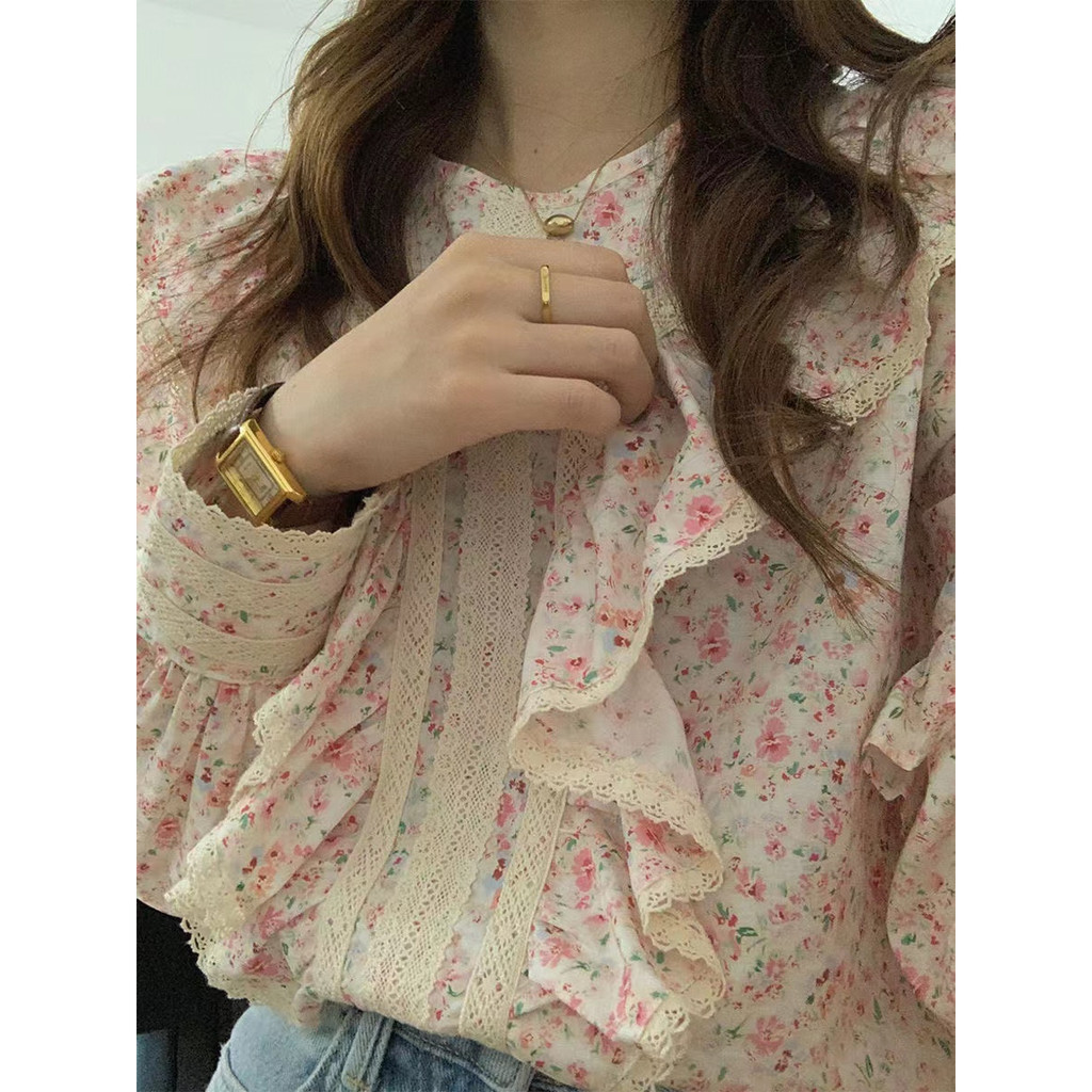 Áo Sơ Mi Chiffon Tay Dài Phối Bèo Họa Tiết Hoa Phong Cách Hàn Quốc Cho Nữ