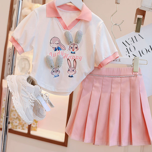Set Áo Thun polo + Chân Váy Xếp Ly In Hình Thỏ Hoạt Hình Dành Cho Bé Gái 3-14 Tuổi
