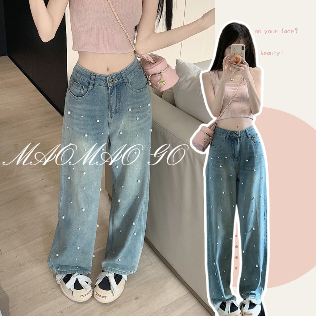 Maomao GO Quần jeans Nữ Lưng Cao Ống Rộng Đính Ngọc Trai Thời Trang Hàn Quốc
