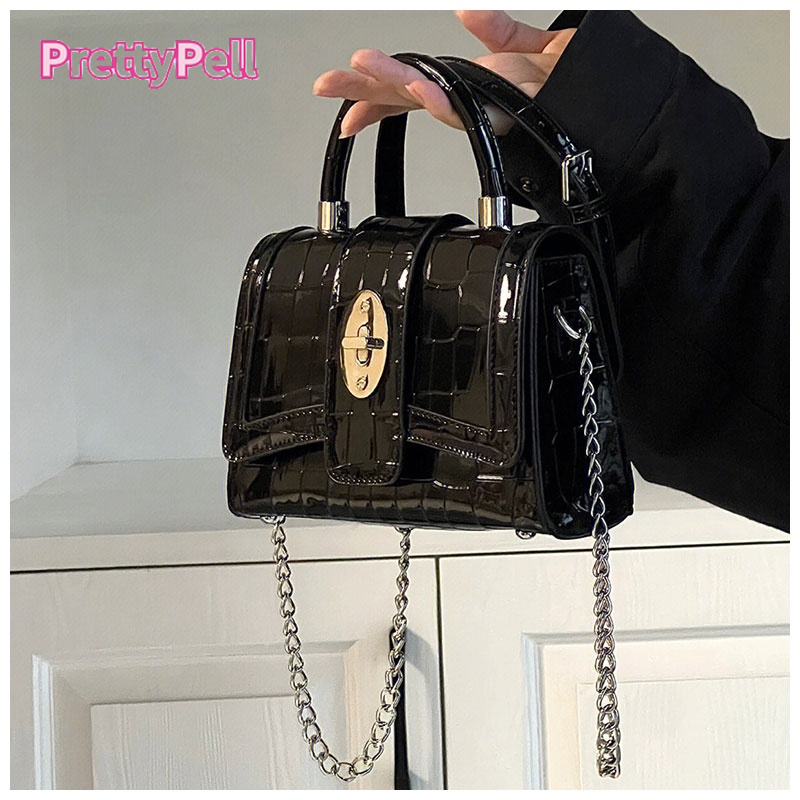 CHIC JOY / Chất Lượng Cao Túi Xách Da Bóng Đeo Vai Phối Dây Xích Thời Trang Đi Xe Máy Cho Nữ