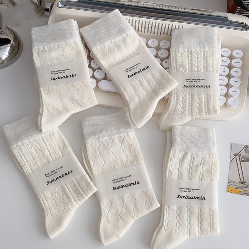FHYL Vớ Cotton Cổ Cao Màu Trắng Trơn Phối Lưới Dễ Thương Phong Cách Hàn Quốc Thời Trang Mùa Hè Cho Nữ