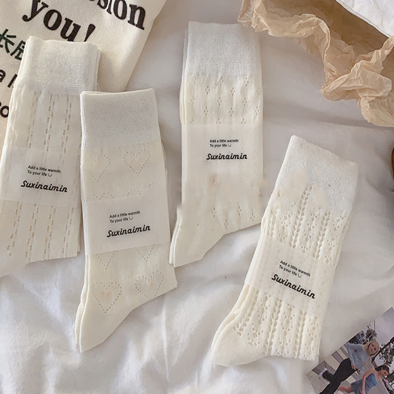 FHYL Vớ Cotton Cổ Cao Màu Trắng Trơn Phối Lưới Dễ Thương Phong Cách Hàn Quốc Thời Trang Mùa Hè Cho Nữ