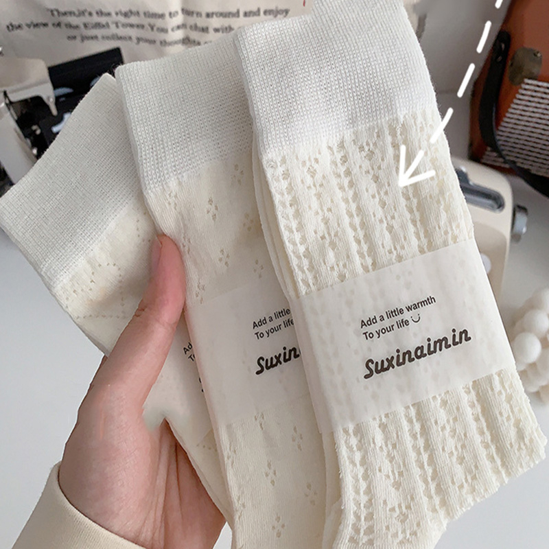 FHYL Vớ Cotton Cổ Cao Màu Trắng Trơn Phối Lưới Dễ Thương Phong Cách Hàn Quốc Thời Trang Mùa Hè Cho Nữ