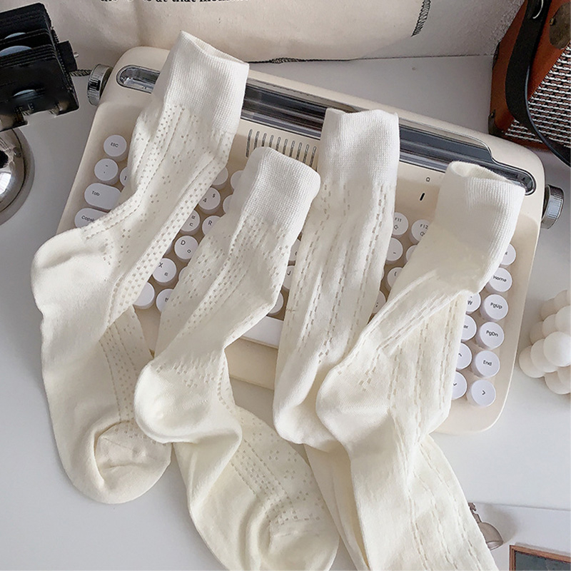 FHYL Vớ Cotton Cổ Cao Màu Trắng Trơn Phối Lưới Dễ Thương Phong Cách Hàn Quốc Thời Trang Mùa Hè Cho Nữ