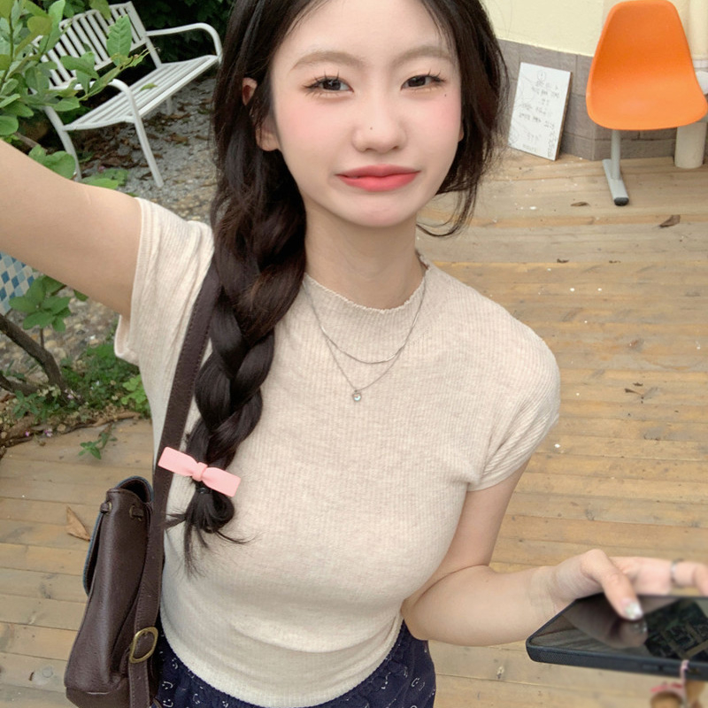 Áo Thun Dệt Kim Tay Ngắn Cổ Tròn Màu Trơn Khoét Lỗ Phong Cách Hàn Quốc Thời Trang Cho Nữ