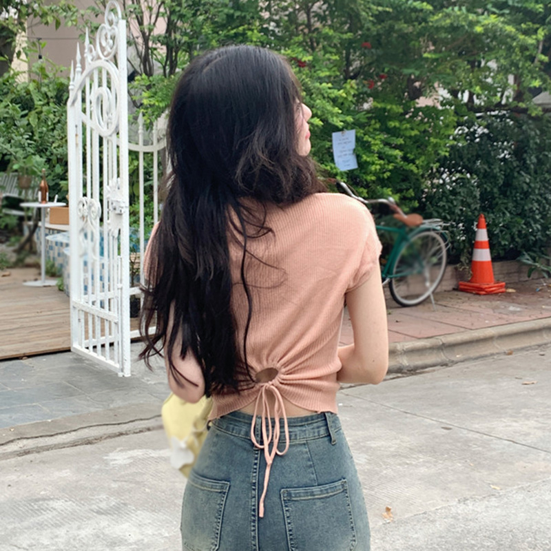 Áo Thun Dệt Kim Tay Ngắn Cổ Tròn Màu Trơn Khoét Lỗ Phong Cách Hàn Quốc Thời Trang Cho Nữ