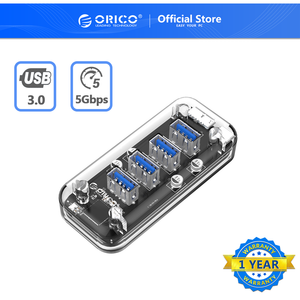 Hub ORICO MH4U-U3 4 cổng USB 3.0 5gbps màu trong suốt tiện lợi cao cấp cho laptop
