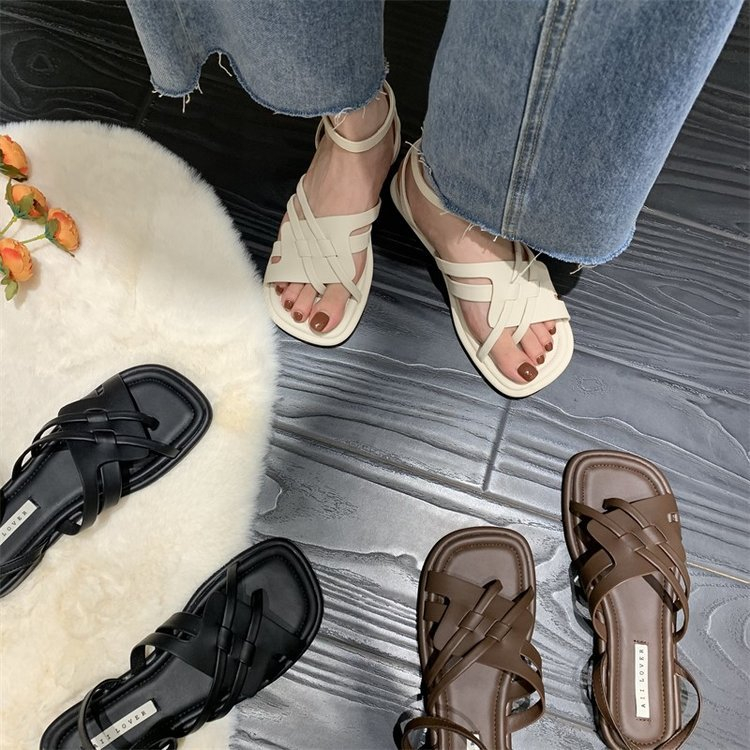 Giày Sandal Đế Bằng Thiết Kế Dây Đan Chéo Phong Cách Hàn Quốc Thời Trang Đi Biển Mùa Hè Mới Cho Nữ