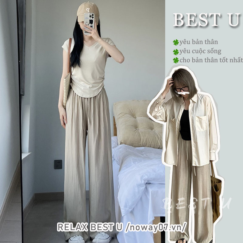 BEST U Quần Dài Lưng Thun Ống Rộng Màu Đen Thời Trang Trẻ Trung