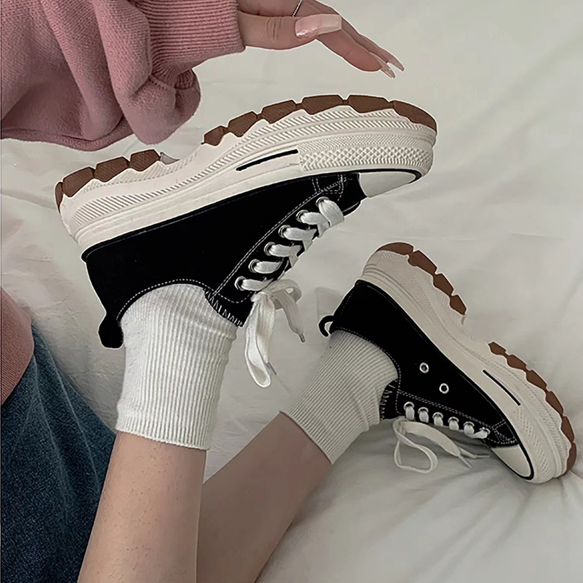 Giày Vải Canvas Đế Dày 5Cm Cột Dây Màu Trắng / Đen / Đỏ Phong Cách Mới 2023 Cho Nữ