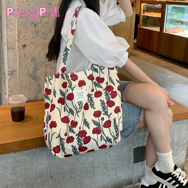Prettypell Túi Xách Canvas Cỡ Lớn Họa Tiết Hoa Phong Cách Phương Tây Cho Nữ