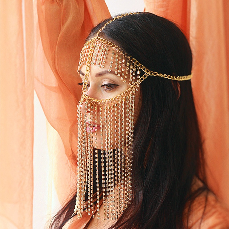 Mặt nạ che mặt đính pha lê nhân tạo tua rua phong cách boho thời trang cho nữ