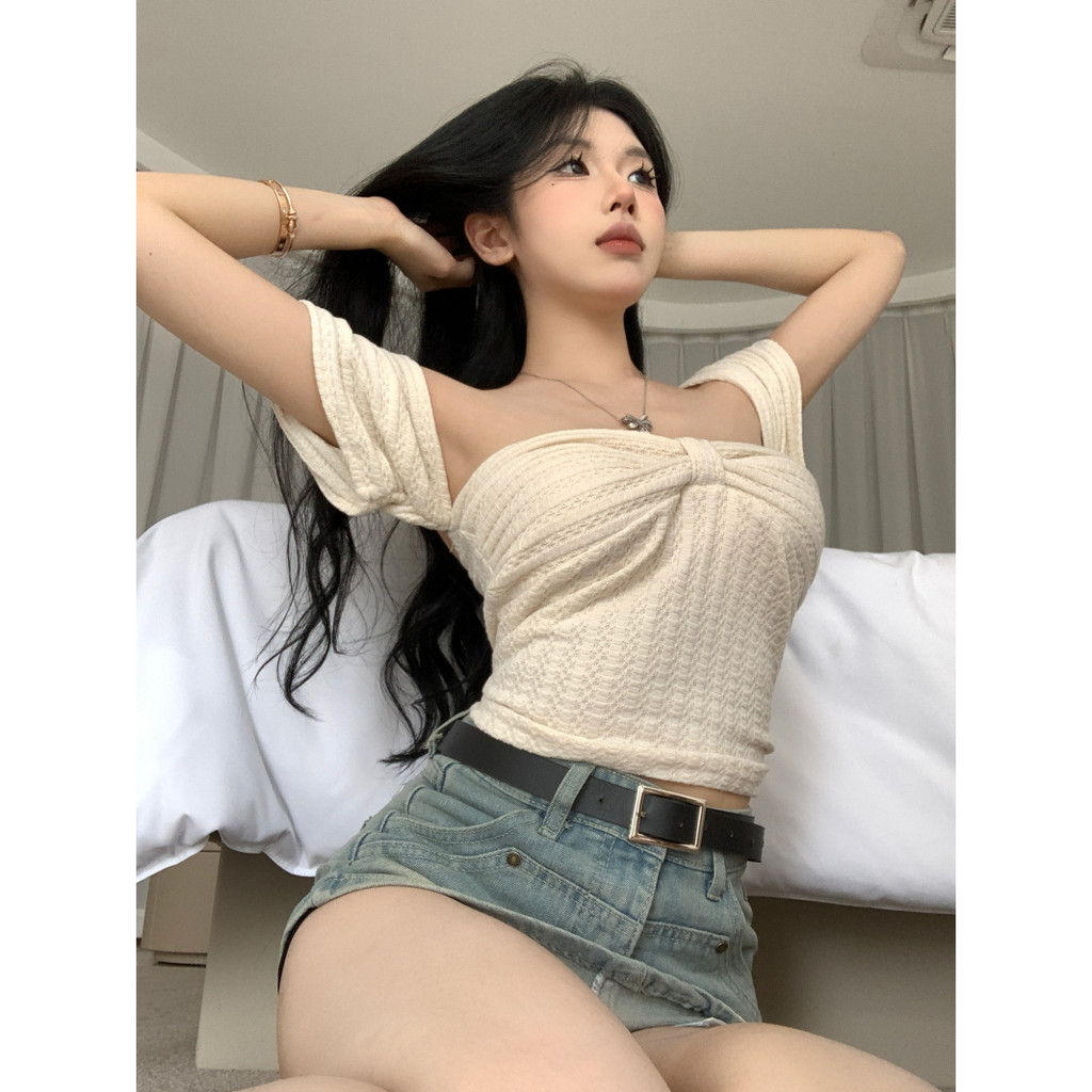 HUANG YOYO Áo Croptop Trễ Vai Dáng Ôm Thời Trang Mùa Hè 2023 Quyến Rũ Cho Nữ