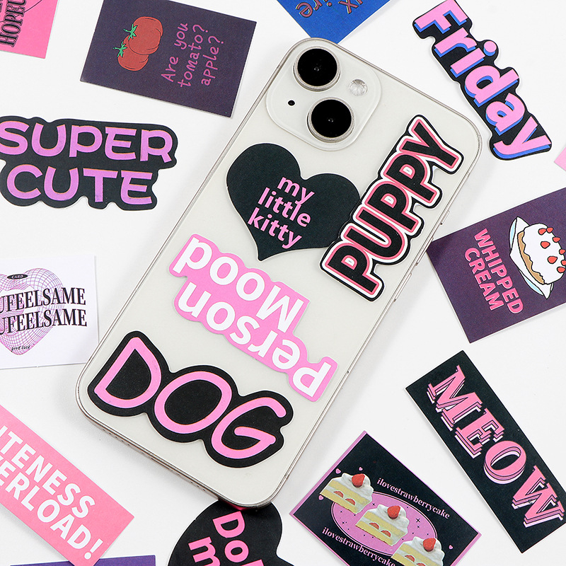 Bộ 55 Miếng Dán Trang Trí Vali Laptop / Điện Thoại / Sổ Tay Hình Gấu / Trái Tim / Chữ Tiếng Anh Màu Tí