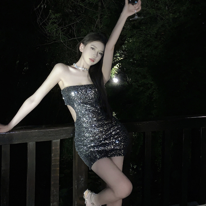 Đầm Trễ Vai Ôm Dáng Đính Kim Sa Lấp Lánh Phong Cách Pháp Thời Trang Mùa Hè Quyến Rũ Cho Nữ