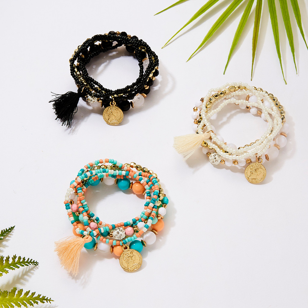 Bộ vòng tay co giãn nhiều lớp đính hạt pha lê phong cách bohemian cho nữ