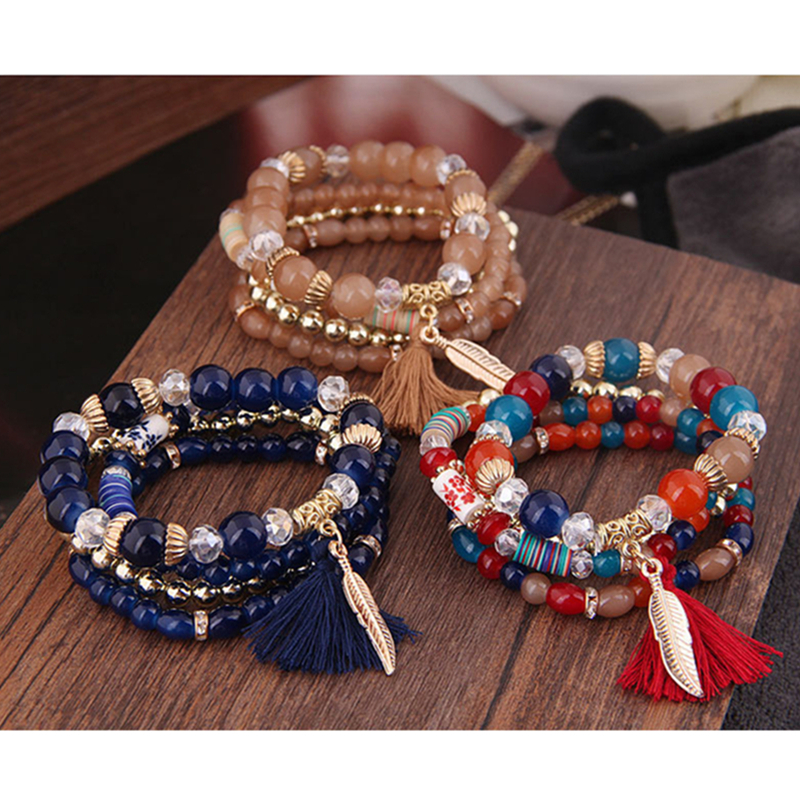 Bộ vòng tay co giãn nhiều lớp đính hạt pha lê phong cách bohemian cho nữ