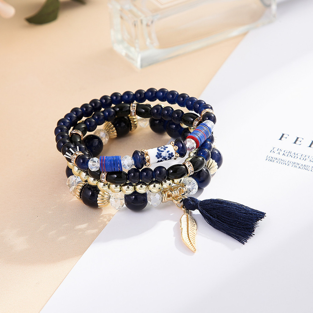 Bộ vòng tay co giãn nhiều lớp đính hạt pha lê phong cách bohemian cho nữ