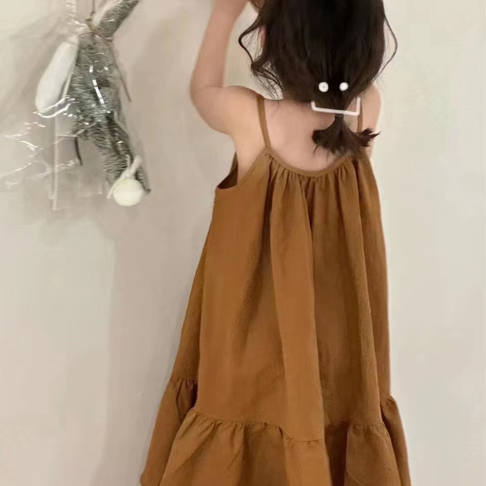 Đầm Hai Dây Mùa Hè Màu Cà Phê Phong Cách Hàn Quốc Cổ Điển Cho Bé Gái