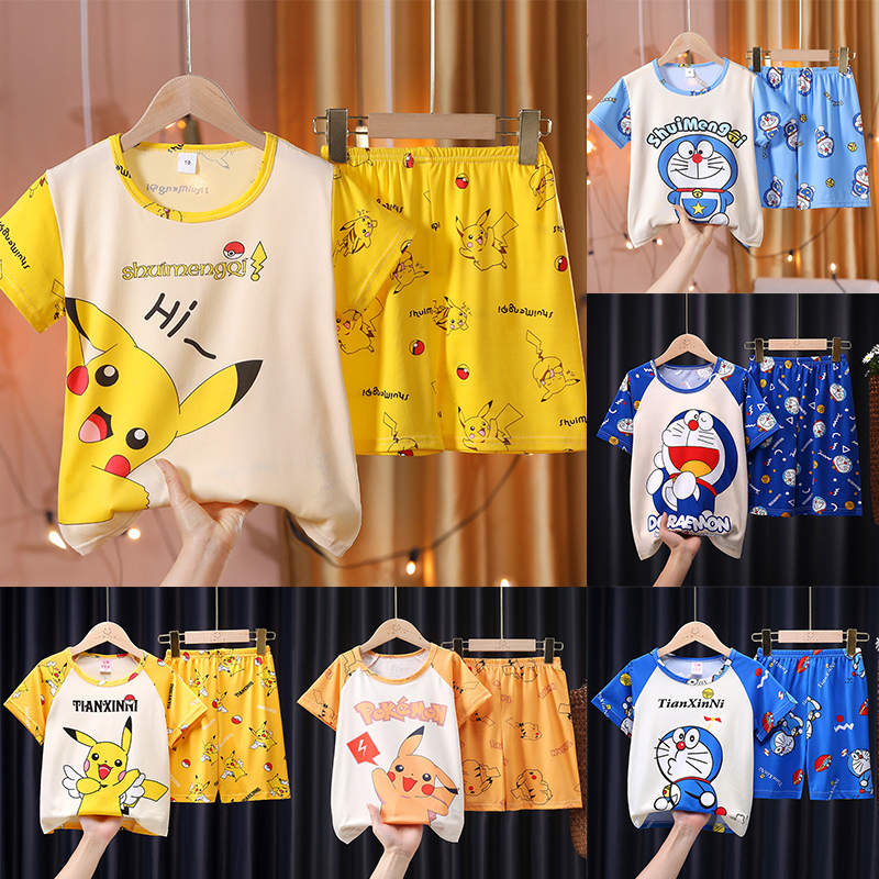 Bộ Đồ Ngủ Tay Ngắn In Hình Doremon / pikachu Dễ Thương Thời Trang Mùa Hè Cho Bé Trai Và Gái