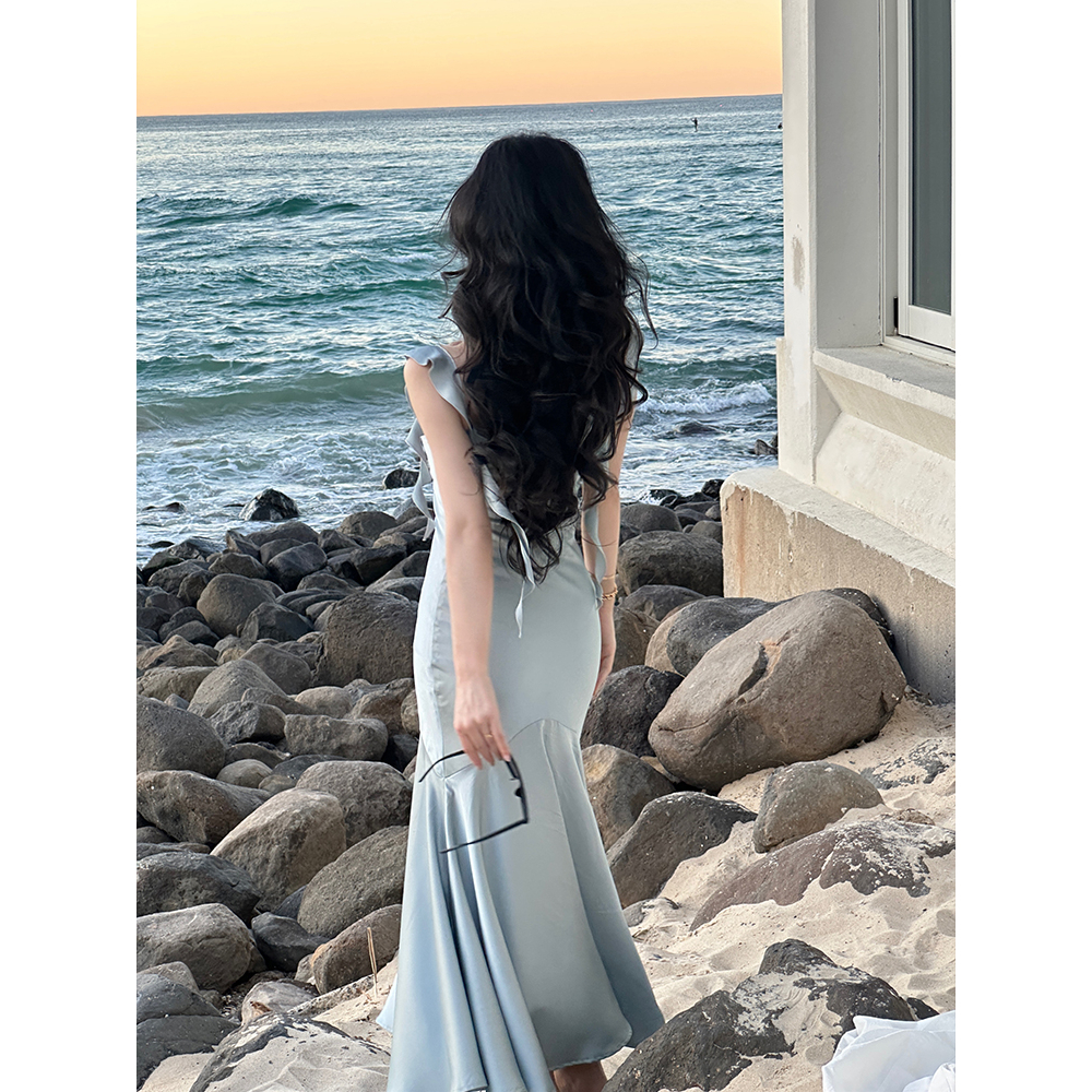 Đầm Hai Dây Dáng Dài Vải Satin Phối Bèo Thời Trang Mùa Hè Xinh Xắn Cho Nữ