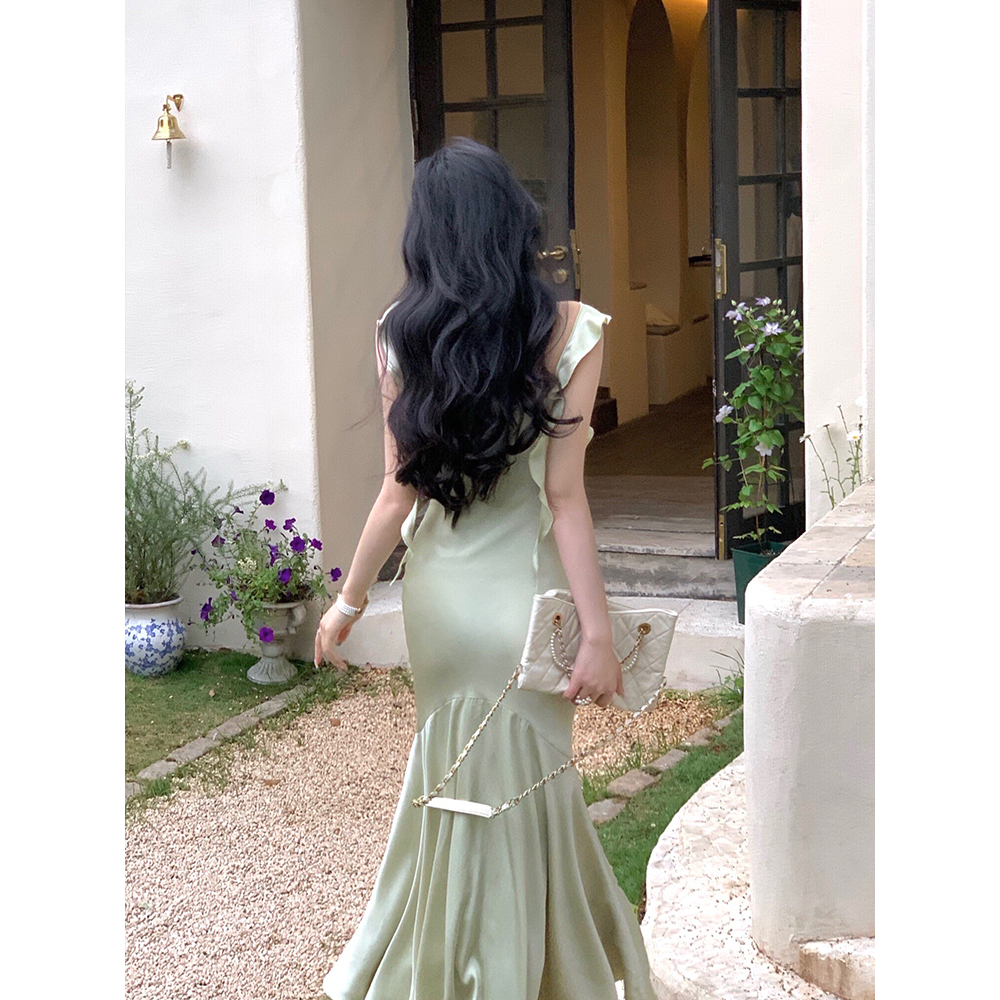 Đầm Hai Dây Dáng Dài Vải Satin Phối Bèo Thời Trang Mùa Hè Xinh Xắn Cho Nữ