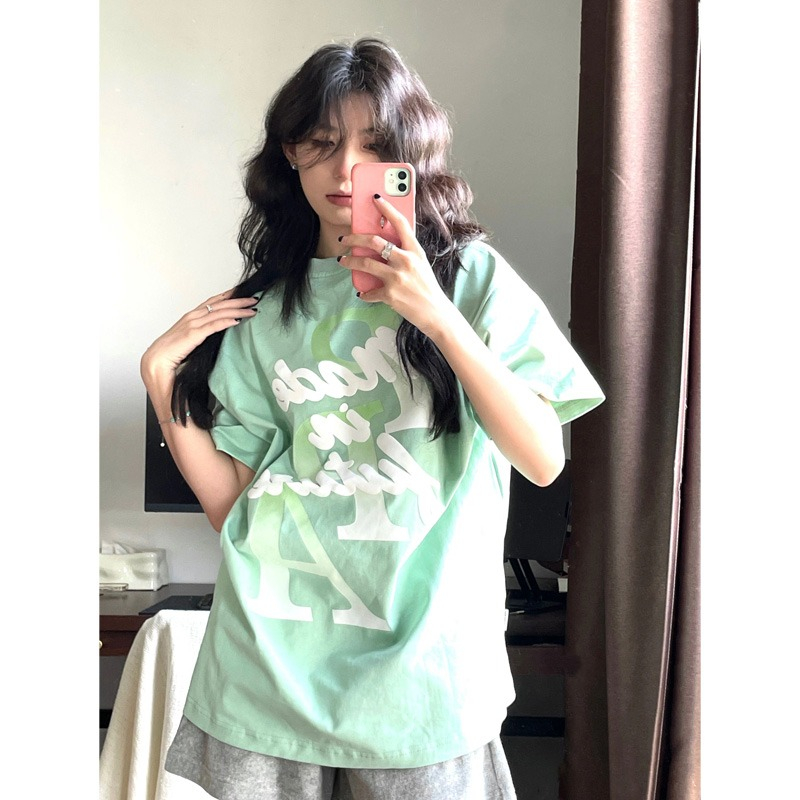 Ethelgirl Áo Thun unisex Dáng Rộng Tay Cộc In Chữ Thời Trang Hàn Quốc