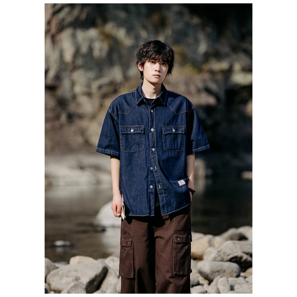 EERSHENSHI Áo Choàng Vải Thời Trang Dạo Phố Năng Động|Áo Sơ Mi denim Tay Ngắn Phong Cách Nhật Bản Dành Cho Nam Nữ