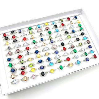 Bán sỉ set 100 nhẫn đá zircon màu bạc thời trang cho nữ kèm hộp trưng bày trang sức