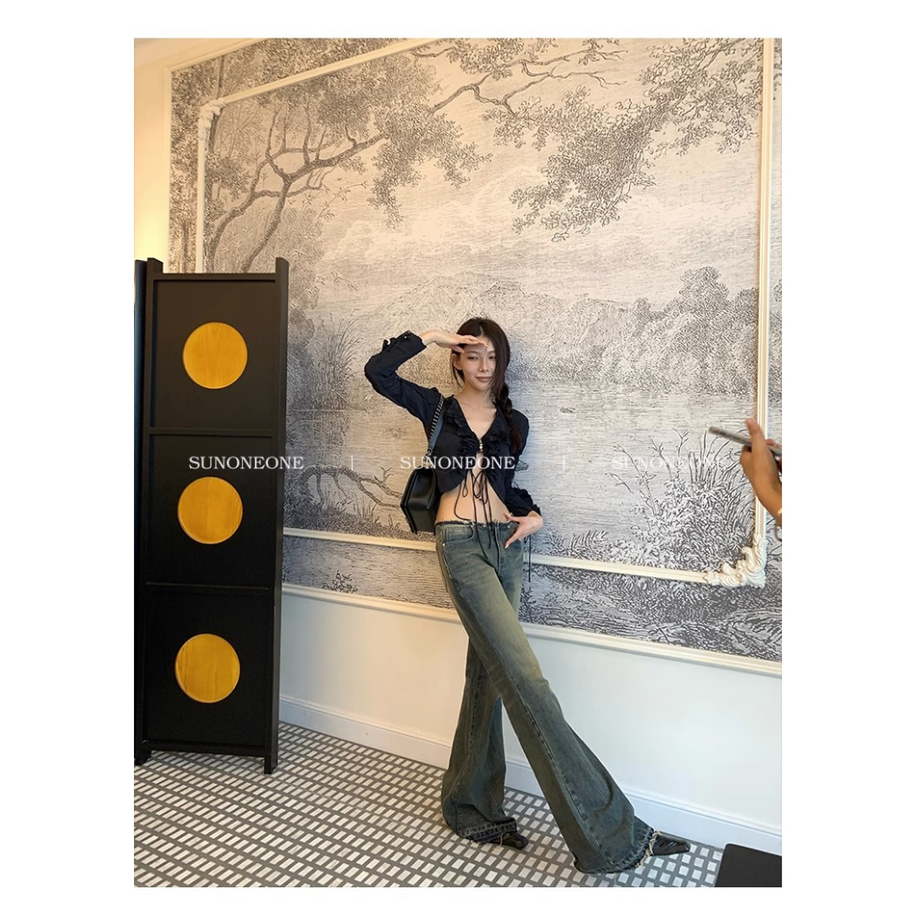 Quần Jean Nữ Ống Rộng Lưng Thấp Phong Cách Retro Mỹ Thời Trang Mùa Hè 2023 Mới