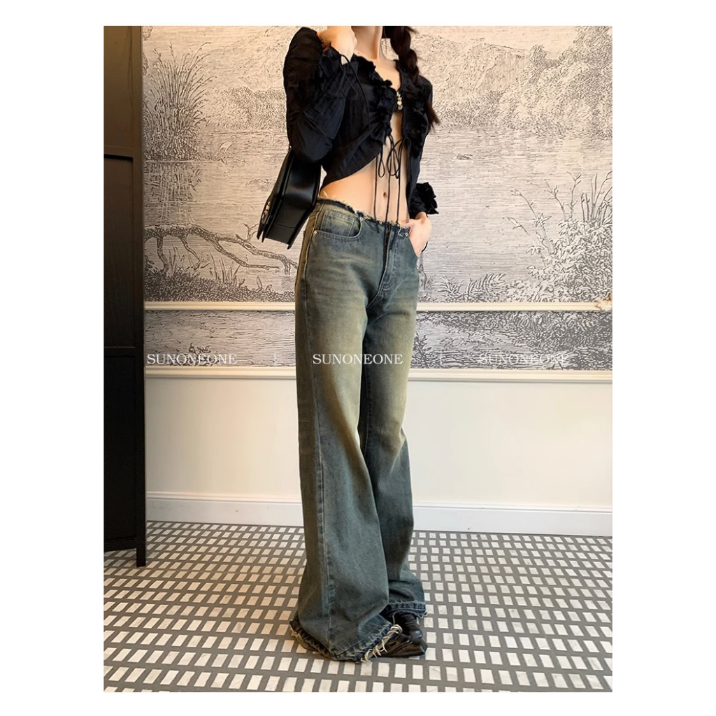 Quần Jean Nữ Ống Rộng Lưng Thấp Phong Cách Retro Mỹ Thời Trang Mùa Hè 2023 Mới