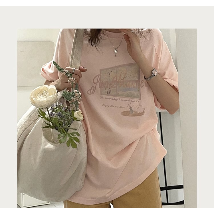 Áo Thun Nữ Ngắn Tay In Họa Tiết Phong Cách Retro Mỹ