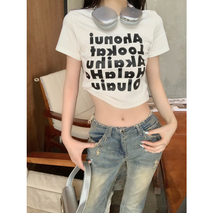Áo Croptop Tay Ngắn Dáng Ôm In Chữ Phong Cách Mỹ Cổ Điển Thời Trang Cho Nữ