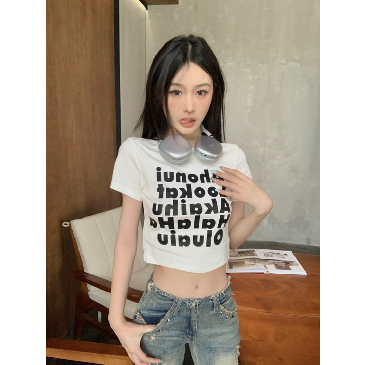 Áo Croptop Tay Ngắn Dáng Ôm In Chữ Phong Cách Mỹ Cổ Điển Thời Trang Cho Nữ
