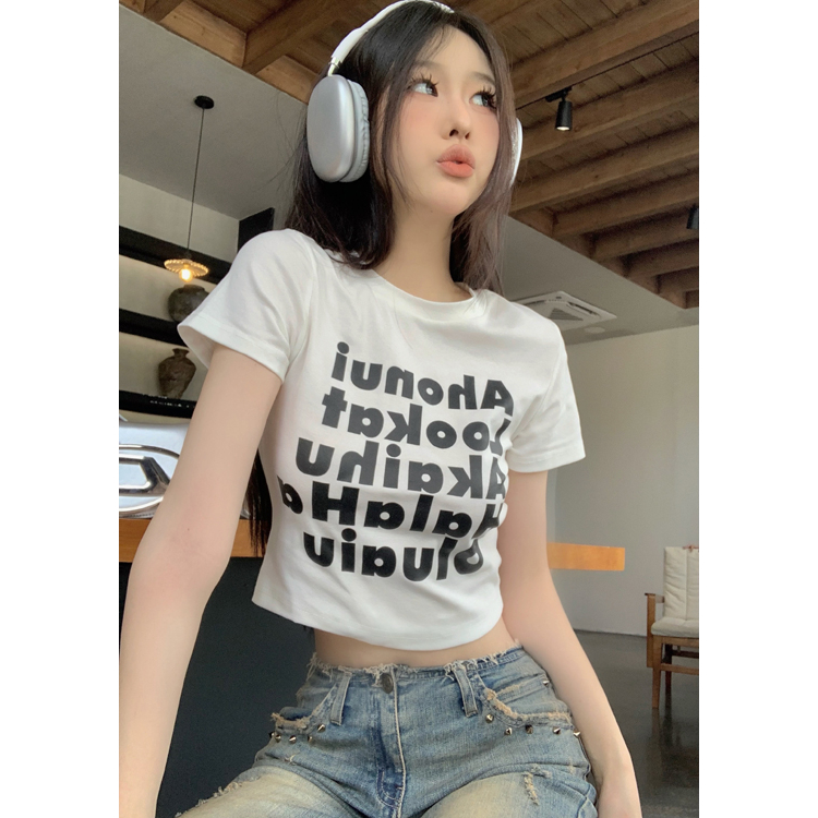 Áo Croptop Tay Ngắn Dáng Ôm In Chữ Phong Cách Mỹ Cổ Điển Thời Trang Cho Nữ
