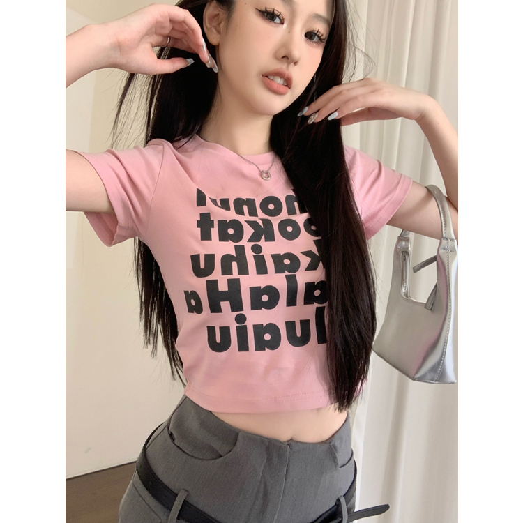 Áo Croptop Tay Ngắn Dáng Ôm In Chữ Phong Cách Mỹ Cổ Điển Thời Trang Cho Nữ