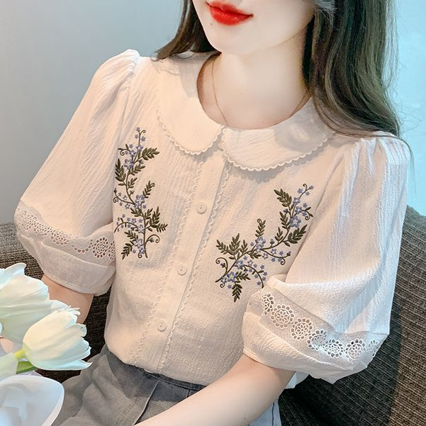 Áo Sơ Mi Ngắn Tay Cổ Búp Bê Thêu Họa Tiết Thời Trang Mùa Hè 2023 Cho Nữ KH5