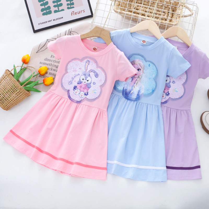 Đầm Công Chúa Bằng Cotton In Họa Tiết Hoạt Hình Đính Kim Sa Lấp Lánh Thời Trang Mùa Hè Cho Bé Gái 2-10 Tuổi