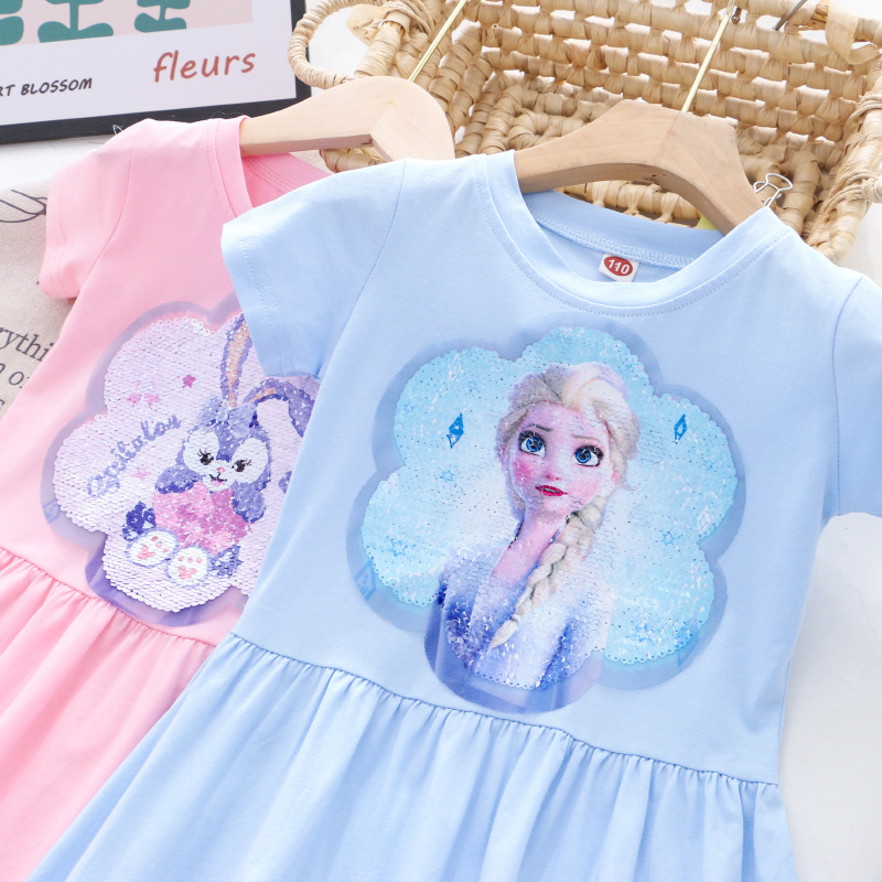 Đầm Công Chúa Bằng Cotton In Họa Tiết Hoạt Hình Đính Kim Sa Lấp Lánh Thời Trang Mùa Hè Cho Bé Gái 2-10 Tuổi