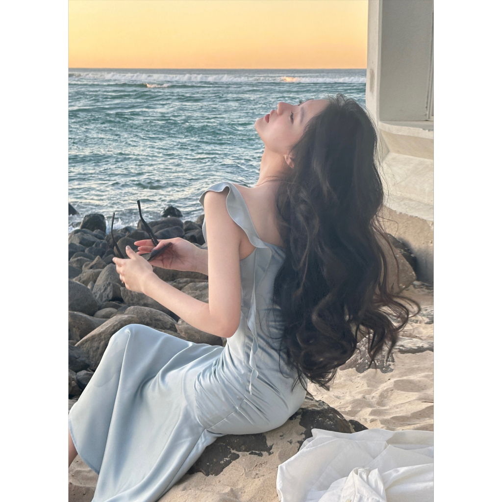 Đầm Hai Dây Dáng Dài Vải Satin Phối Bèo Thời Trang Mùa Hè Xinh Xắn Cho Nữ