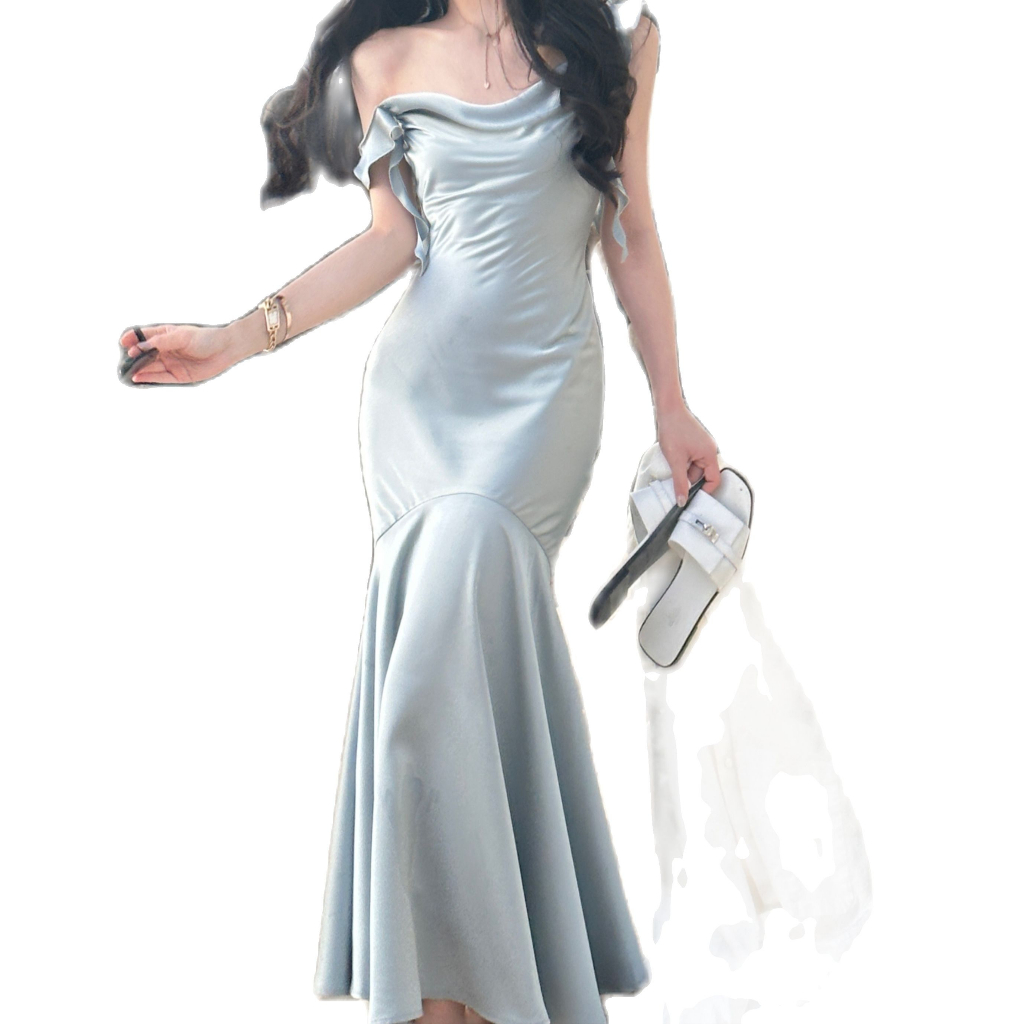 Đầm Hai Dây Dáng Dài Vải Satin Phối Bèo Thời Trang Mùa Hè Xinh Xắn Cho Nữ