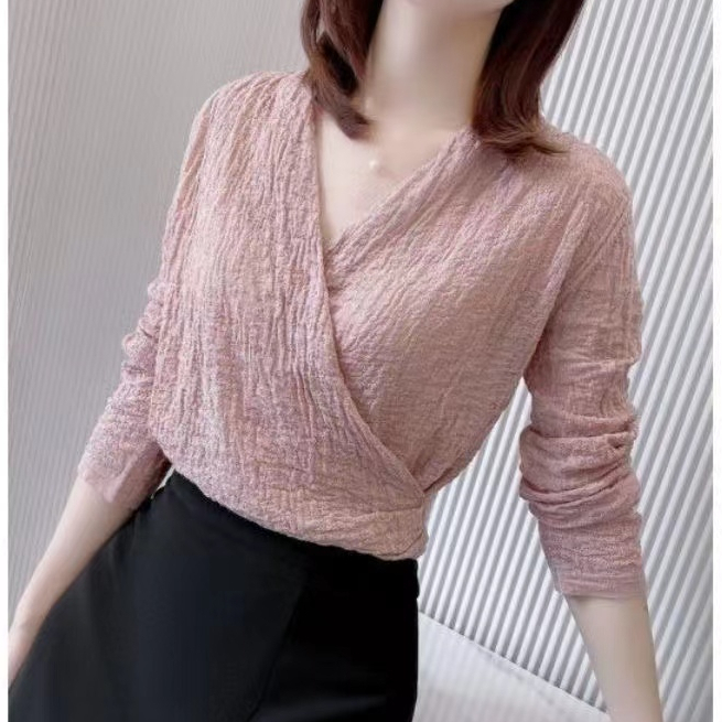 Áo Sơ Mi Chiffon Tay Dài Cổ Chữ V Dáng Rộng Phong Cách Hàn Quốc Cho Nữ Hàng Mới Có Sẵn