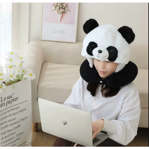 Gối Chữ U Hình Gấu Trúc Dễ Thương Kèm Mũ Trùm Dùng Khi Đi Du Lịch
