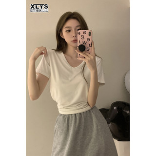 Áo Thun Cổ Chữ V Dáng Rộng Màu Trơn Thời Trang Hàn Quốc Cho Nữ