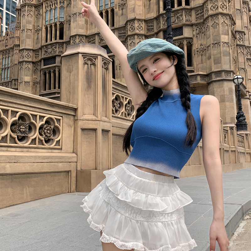 Áo Tank Top Dệt Kim Cổ Cao Màu Sắc Gradient Phong Cách Hàn Quốc Thời Trang Mùa Hè Cho Nữ