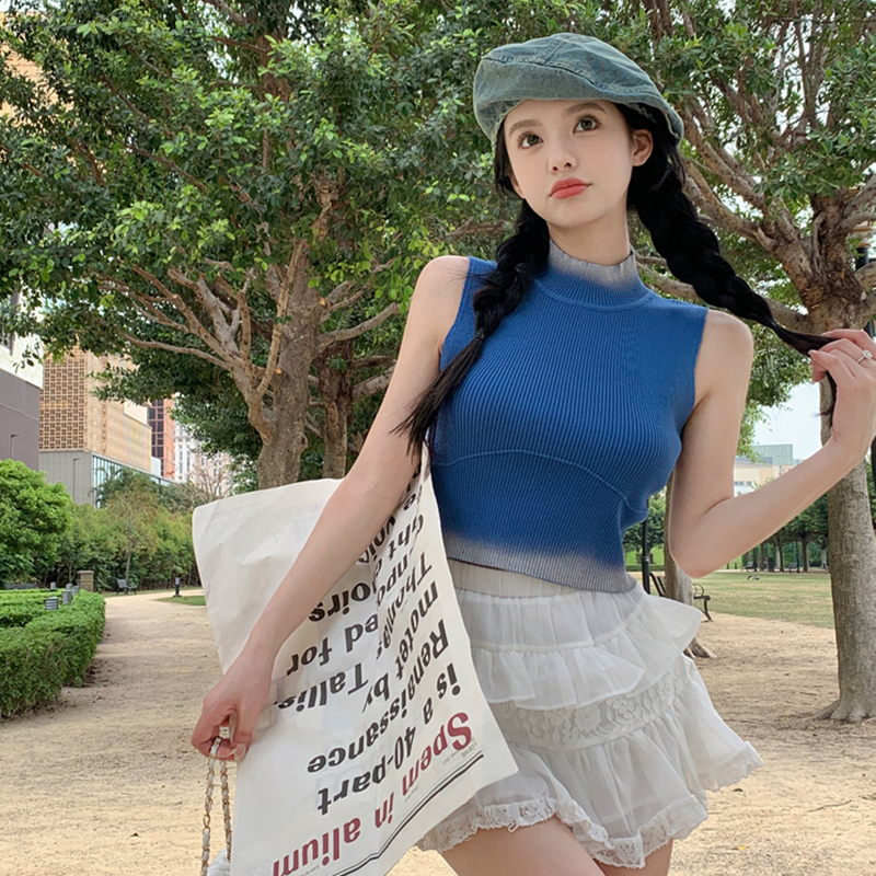 Áo Tank Top Dệt Kim Cổ Cao Màu Sắc Gradient Phong Cách Hàn Quốc Thời Trang Mùa Hè Cho Nữ